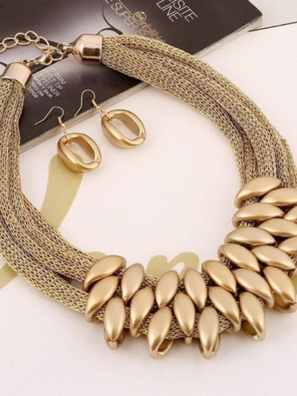 Womens Multi Strand Mesh Gold Tone Pendant Necklace Earring Set